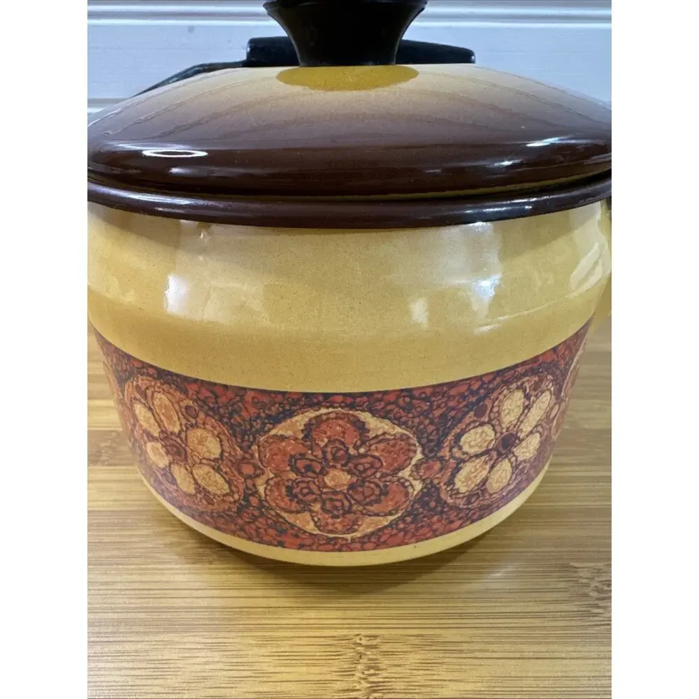 Vintage 70s Enamel Tea Kettle Yellow Brown Floral Retro Mid Century Cottagecore
